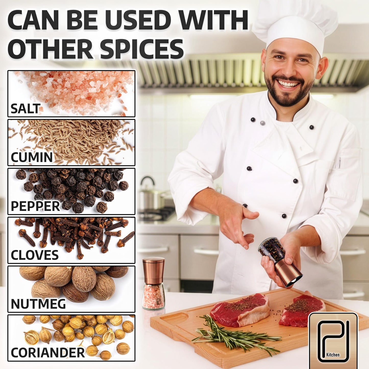 Premium Salt and Pepper Grinder Set w/Bamboo Holder - 6 oz, Copper Stainless Steel - S&P Spice Shakers - Refillable & Adjustable Coarseness Hand Mill for Spices & Seasonings - by PJC-Kitchen