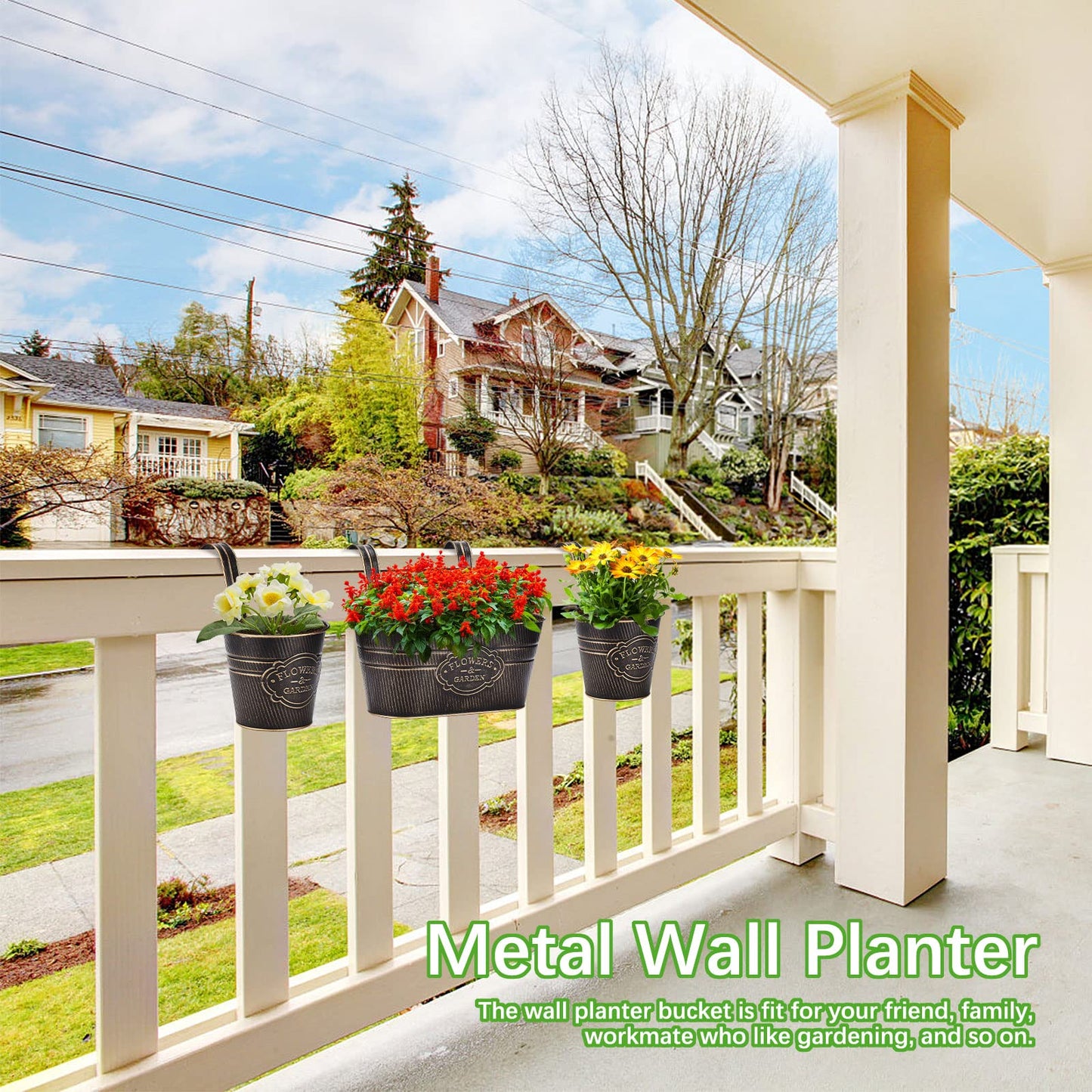 PerGar 3 Pack Metal Railing Planter Box Outdoor, 10.6" Hanging Flower Pots with Detachable Hooks & Drainage Holes, Rail Planter Boxes for Balcony Deck Porch Fence Garden Home Decoration, Black