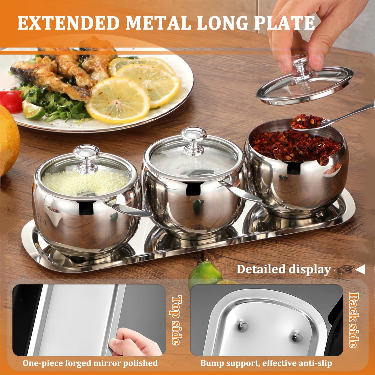 Roucerlin 3 Grids 10 Oz Stainless Steel Sugar Bowl with Spoon Tray Lid, Silver Salt Spice Containers Dispenser Set, Sugar Jar Holder Dish for Coffee Bar Storage Seasoning Kitchen Countertop (Silver)
