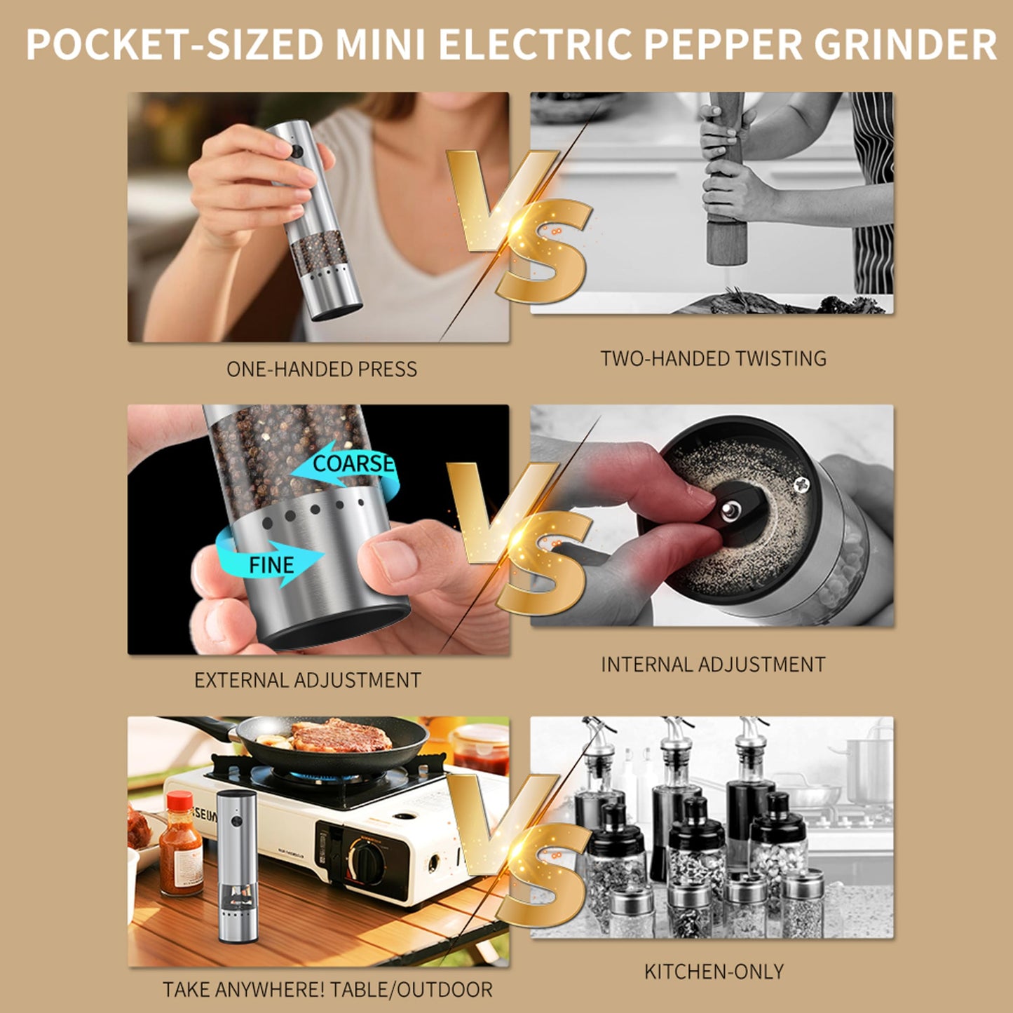 Mini Electric Salt and Pepper Grinder Stainless steel, USB Rechargeable, Small Automatic Salt Pepper Mill Grinder, Travel/Outdoor BBQ/Children, One-Button Control,External Adjustable Coarseness
