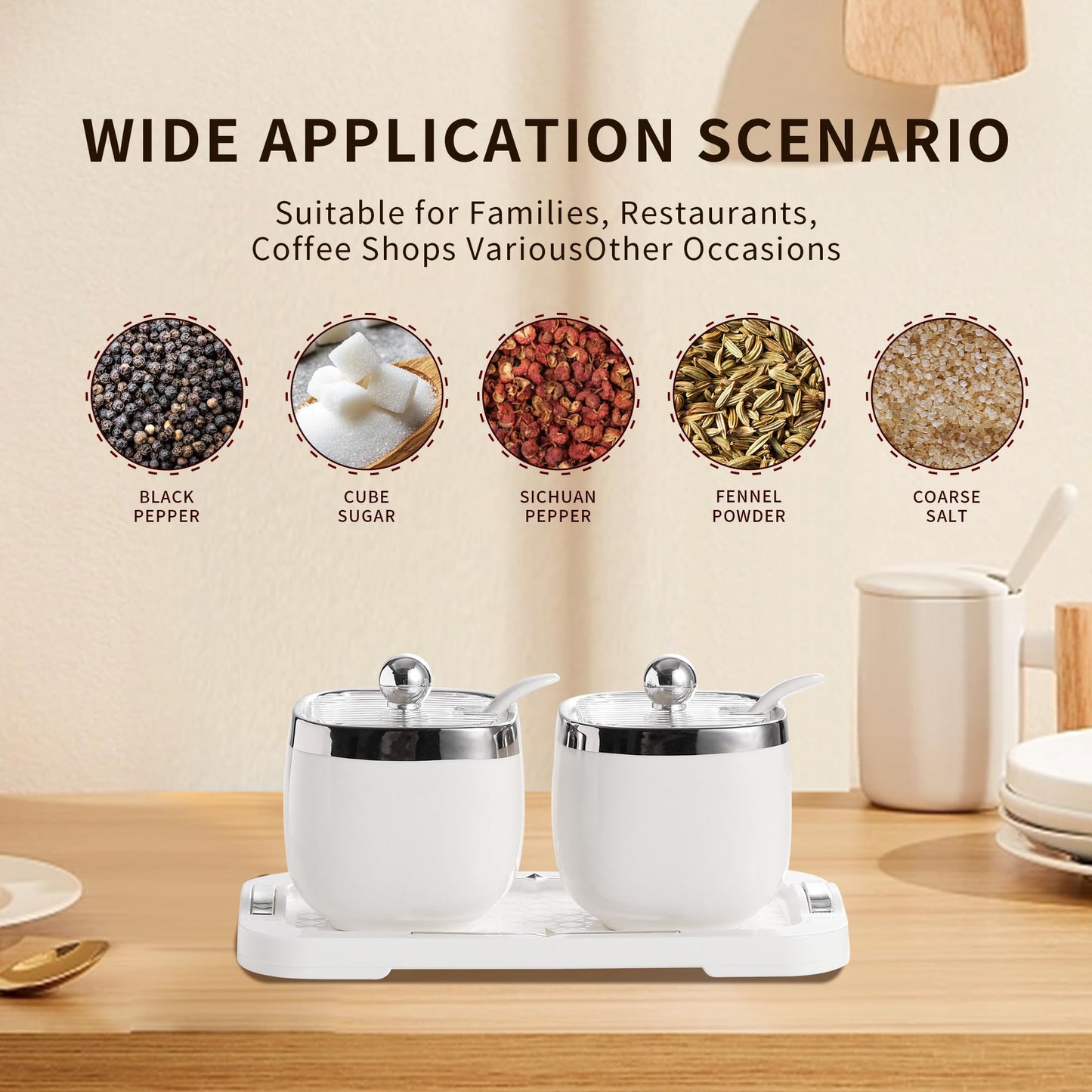 shuqiao Porcelain Condiment Jar Spice Container with Lid - Ceramic Spoon, Plastic Tray is the best clay pot for your home, kitchen, counter. White, 280 ml (9.4 oz), 2-piece set (3, Circle)