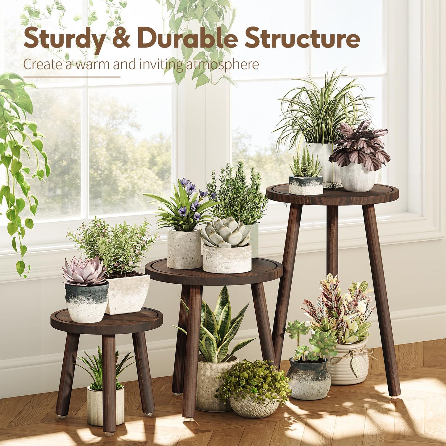 Uneedem Plant Stand Indoor - 3-Pack Taller Single Wood Plant Stand for 6-12 Inch Pots, Mid-Century Modern Plants Stool for Large Plants, Small Round Wooden Planter Table for Living Room, Balcony