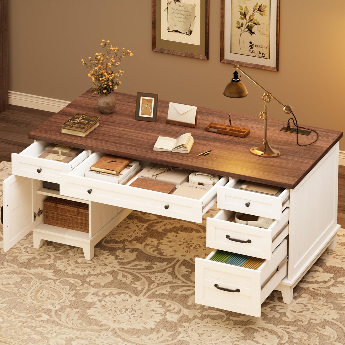 GAOMON 60in Wooden Executive Desk with 5 Drawers, Office Desk Computer Table with Charging Station, Farmhouse Home Office Desk with File Cabinet Storage, for Study and Home Office, White Walunt