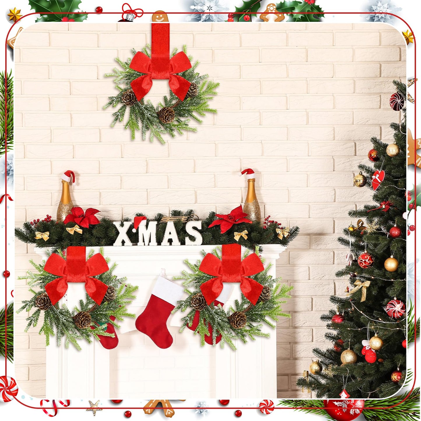 Dingion 6 Pcs 6 Inch Christmas Mini Cabinet Wreaths for Kitchen with Ribbon Bows Norfolk Pine Small Window Wreaths Garland for Door Window Farmhouse Christmas Party Decorations