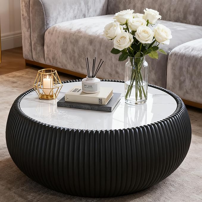 27.55" Round Marble Coffee Table, Modern Fluted Coffee Table