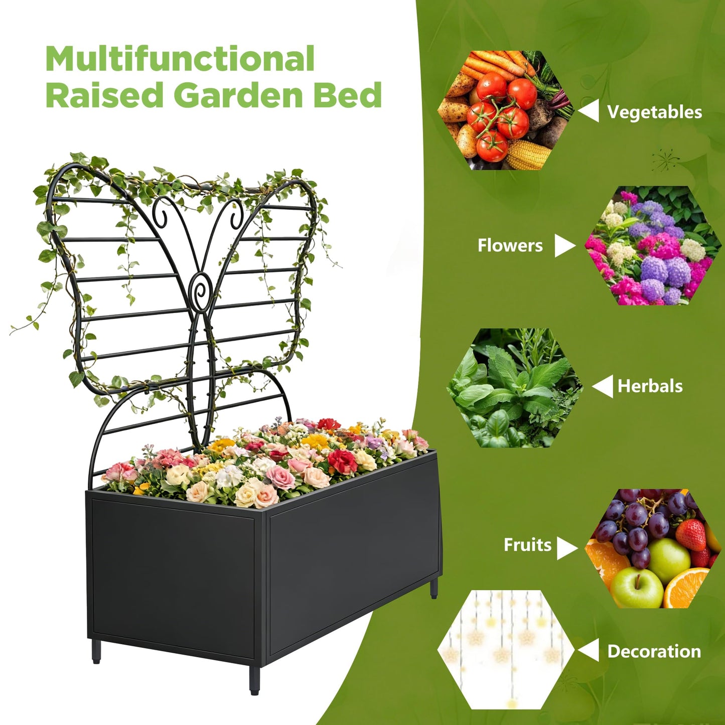 Zyphorinth Metal Planter Box with Trellis, Raised Garden Bed for Climbing Plants, Vegetables, Vines, Privacy Planters for Patio with Drainage Holes, Black- Butterfly-Shaped