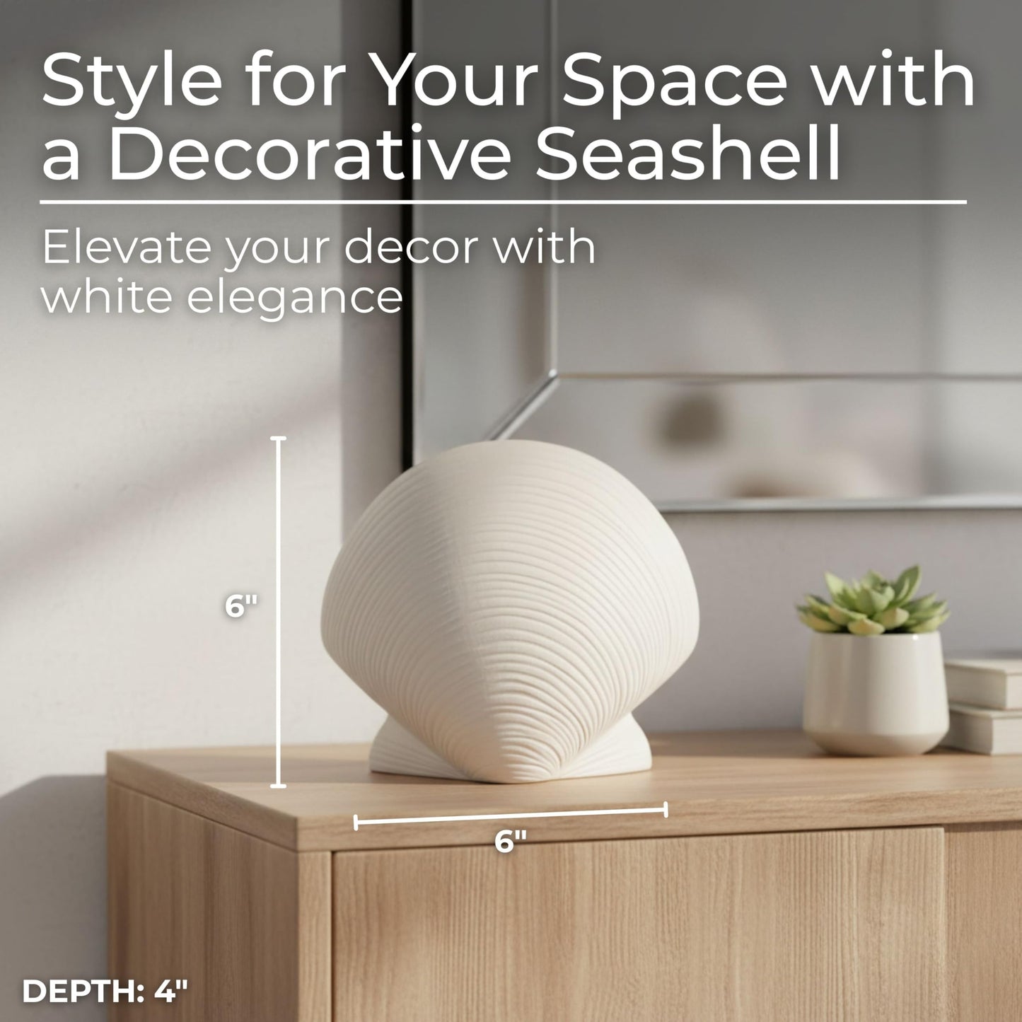 Stoneware Figurine Sculpture – Room Decor Accent, Decorative Statue for Shelf, Console, or Nightstand Placement, Coastal Home Decor Shell Design With Textured Detail – 6", White