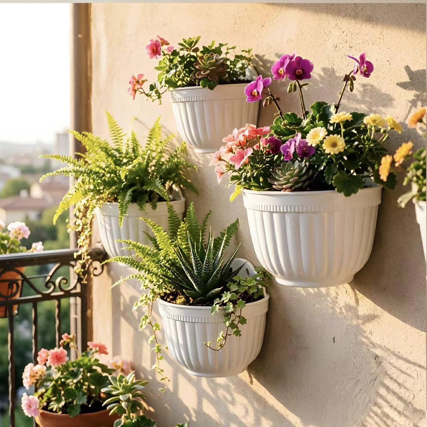 2 Pack White Plastic Wall Hanging Planters for Indoor Plants Wall Hanging Plant Holder with Drainage Hole Balcony Planters Railing Hanging Pot Fence Vertical Living Wall Mount Decor with Hooks