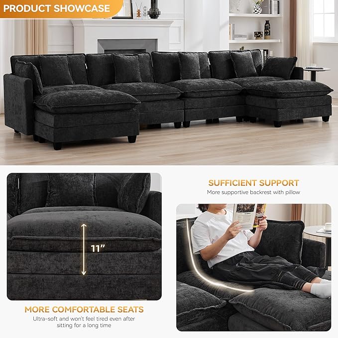 147'' Modualr Sectional Cloud Deep Seat Couch, Oversized Chenille U Shaped