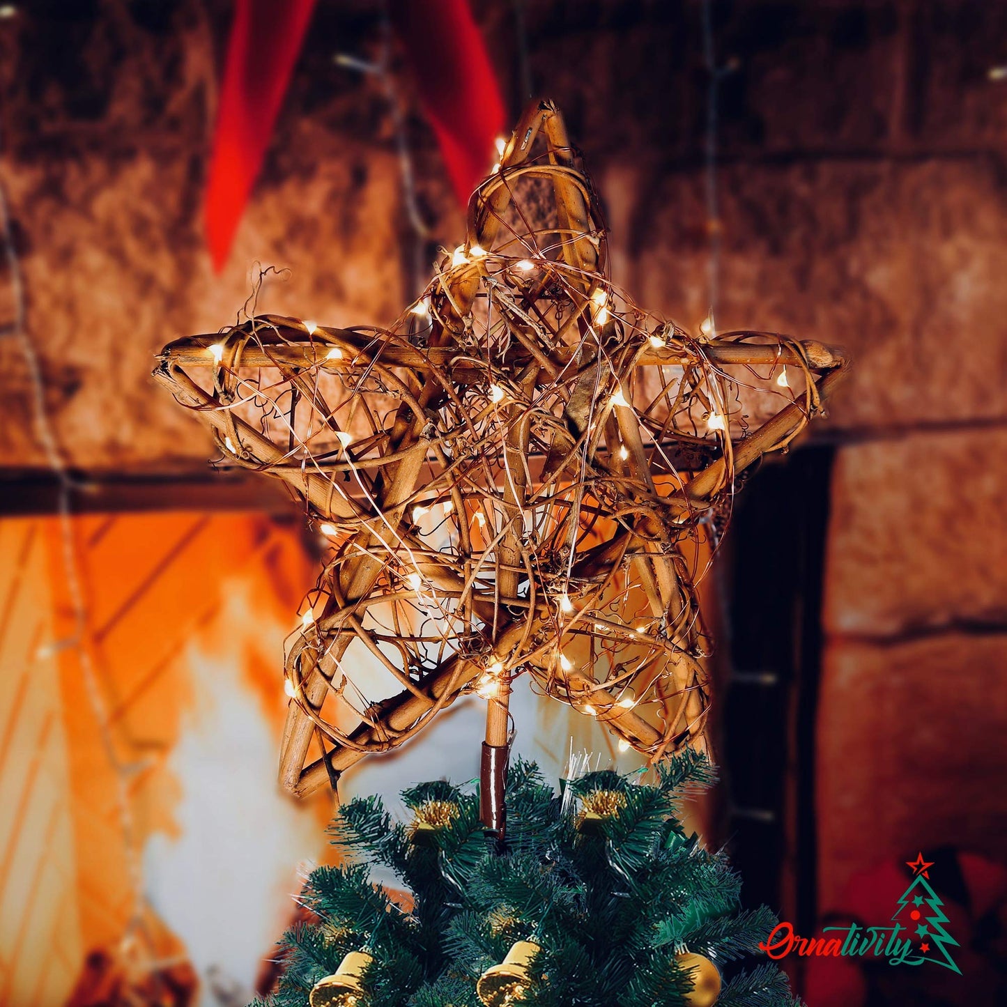 Ornativity Rattan Star Tree Topper - Christmas Rustic LED Light Up Tree Topper with Xmas Lights Holiday Decoration 12"