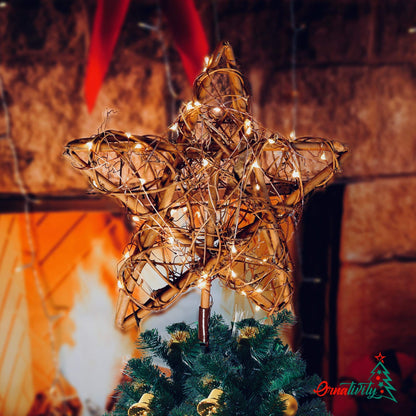 Ornativity Rattan Star Tree Topper - Christmas Rustic LED Light Up Tree Topper with Xmas Lights Holiday Decoration 12"