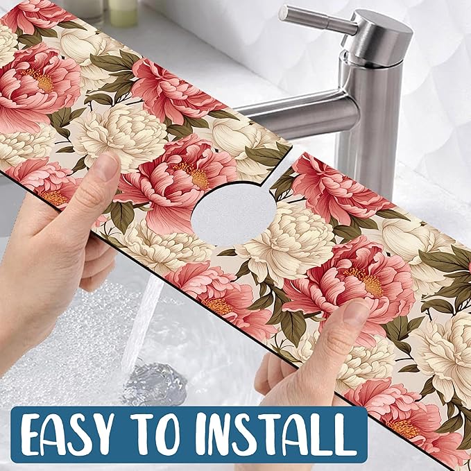 Beautiful Peony Sink Faucet Absorbing Mat Bright Peonies Super Absorbent Fast