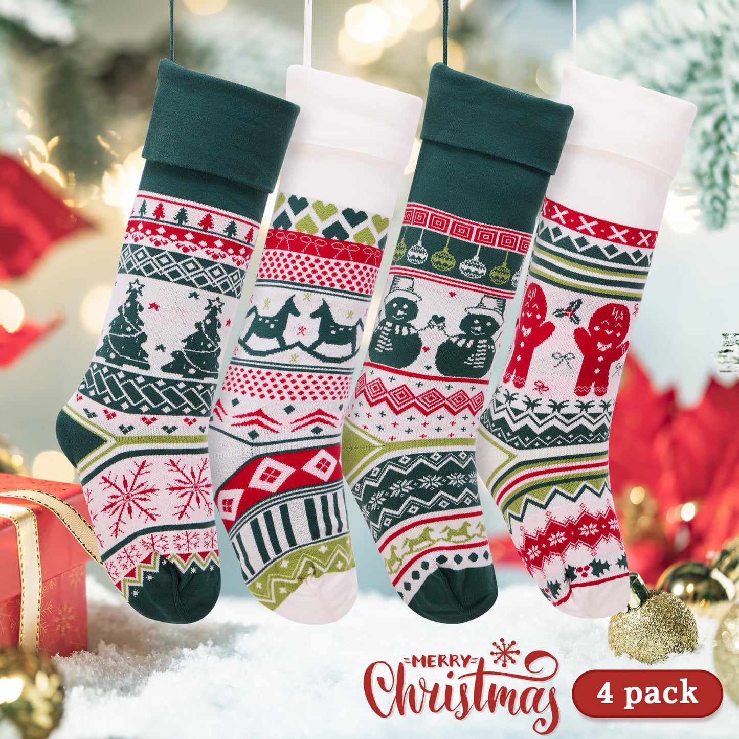 Ficrfart 6 Pack Christmas Stockings, 22'' Large Embroidered Knit Christmas Stocking, Holiday and Family Knitted Xmas Stocking for Fireplace or Party Decoration A3