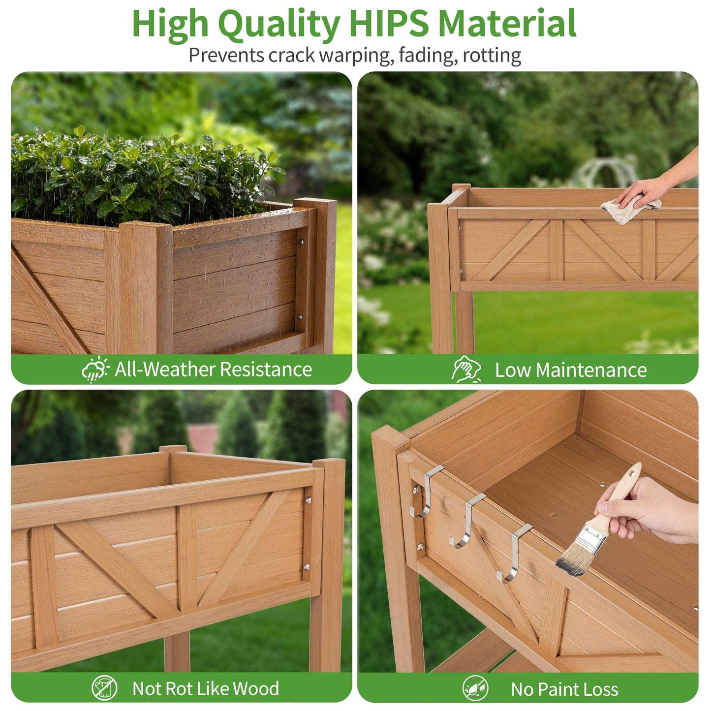 HIPS Elevated Raised Garden Bed with Legs,72"L x 17.3"W x 28.7"H Large Outdoor Planter Box with Storage Rack,All-Weather Raised Bed Planters with 6 Hooks & 2 Non-Woven Liner for Vegetables Flower Herb