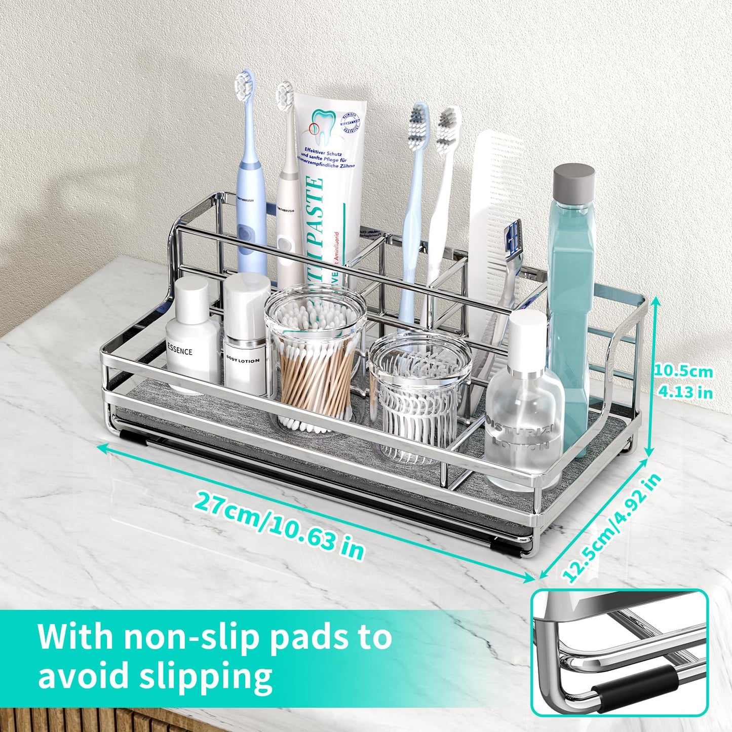 HapiRm Toothbrush Holders for Bathroom - 5 Partitions Bathroom Counter Organizer with Instant Drying Stone, Stainless Steel Countertop Storage Electric Toothbrush Toothpaste Holder - Silver