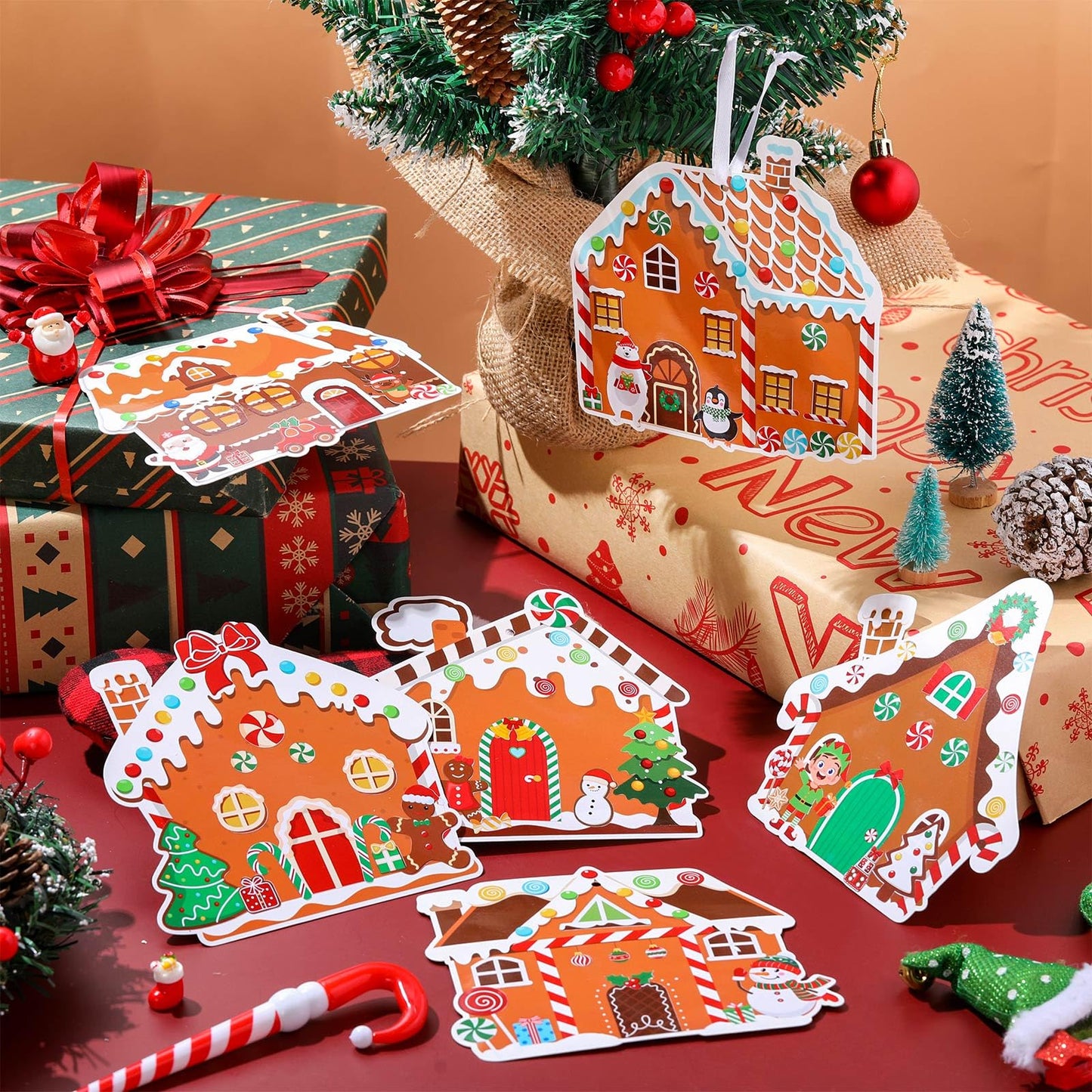 Pasimy Christmas Crafts Kits for Kids Xmas Gingerbread House Crafts DIY Christmas Tree Ornament Kit Make Your Own Gingerbread House Craft Stickers for Holiday Xmas Classroom Party Favors(48pcs)
