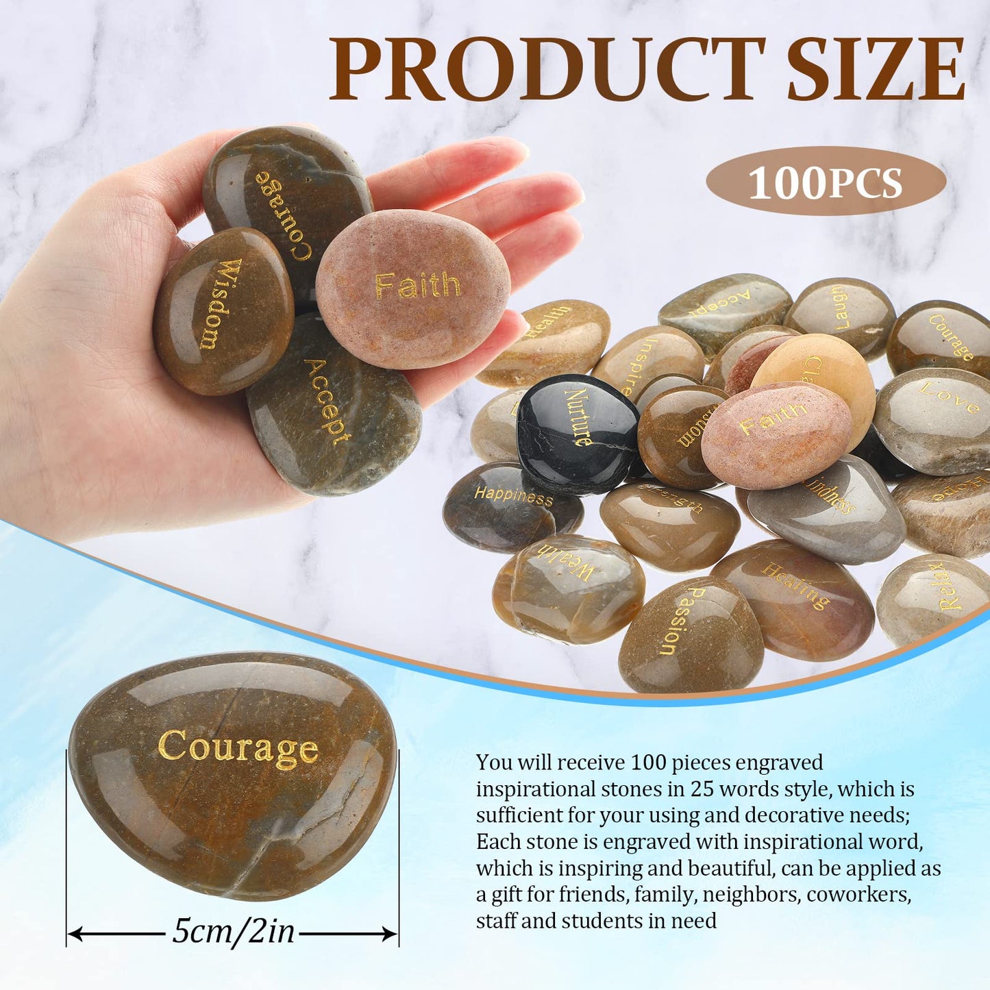 CHENGU 100 Pcs Engraved Rocks with Inspirational Words Inspirational Stones Bulk Positive Words Encouragement Stones for Gifts Office Home Decor