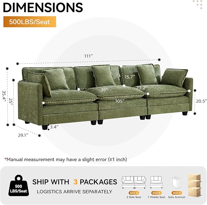 111'' Sectional Cloud Deep Seat Couch, Modern Comfy Chenille Modular Sectional