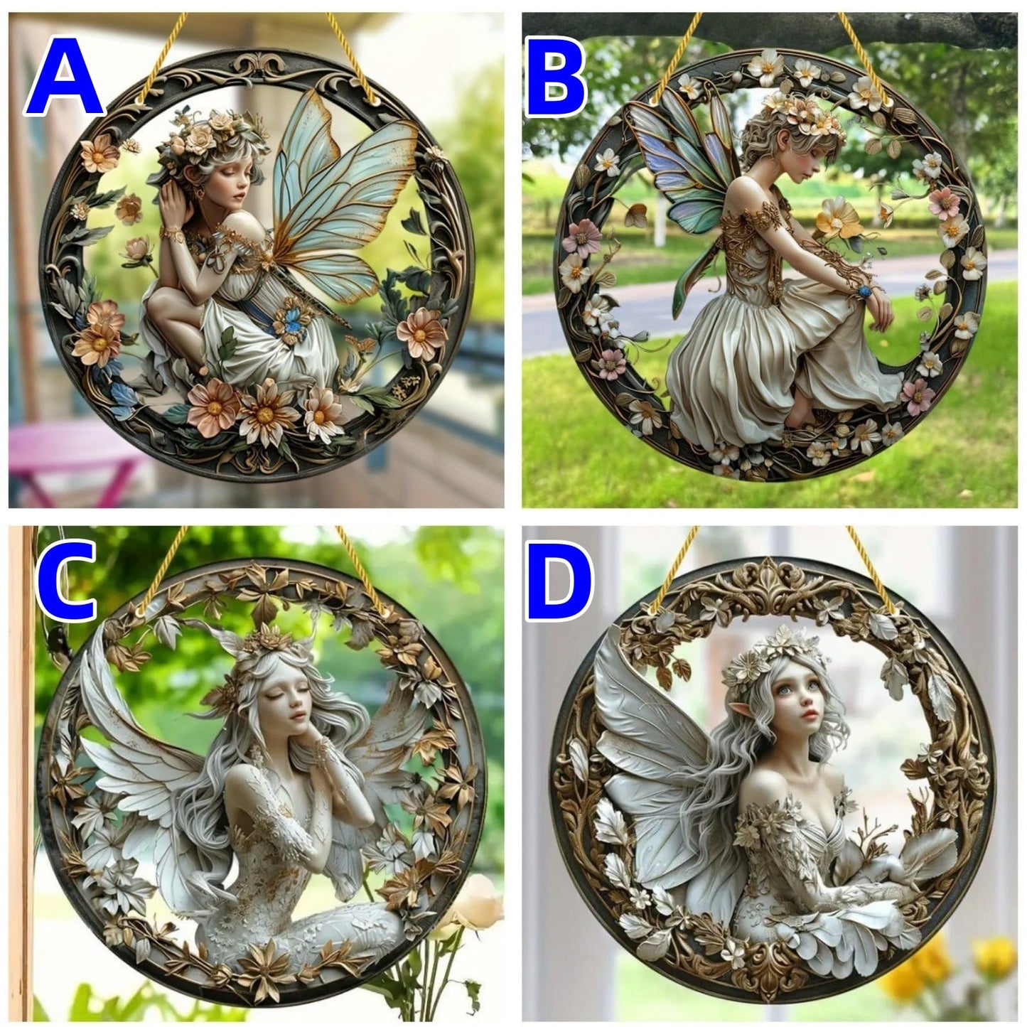 VTYFRY Flower Fairy Garden Decorations Angel Wing Christmas Halloween Deco Statue Art Elf Sculpture Hanging Craft for Outdoor Yard Courtyard Lawn Patio Window Acrylic Ornament Home Gift (A,S: 6*6 IN)