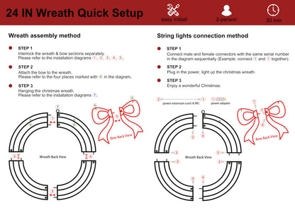 Outdoor Christmas Wreath Decoration - 24" Bright LED Christmas Wreath Lights with Bow, Large Lighted Christmas Wreaths Window Lights for Wall, Windows, Front Door Decor, Red Bow - Green Wreath