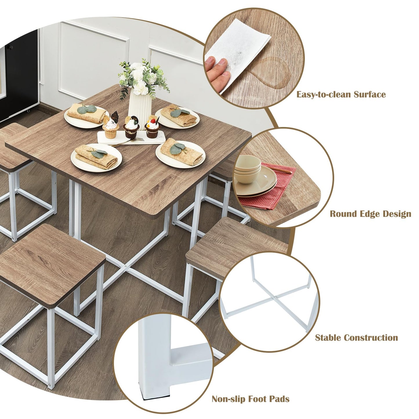 Giantex 5 Piece Dining Table Set, Dining Set for 4 with Square Stools, Small Kitchen Table Set with Metal Frame, Compact Design for Small Space, Home Kitchen Bar Pub Apartment