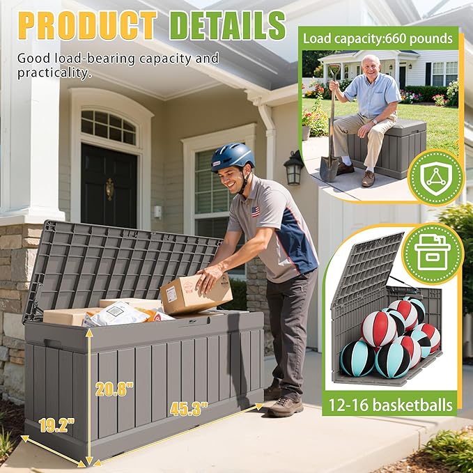 Greesum Outdoor Storage Box 82 Gallon Storage Bin with Lid for Patio Furniture, Garden Tools, Pool Supplies, Waterproof and UV Resistant, Lockable, Coffee