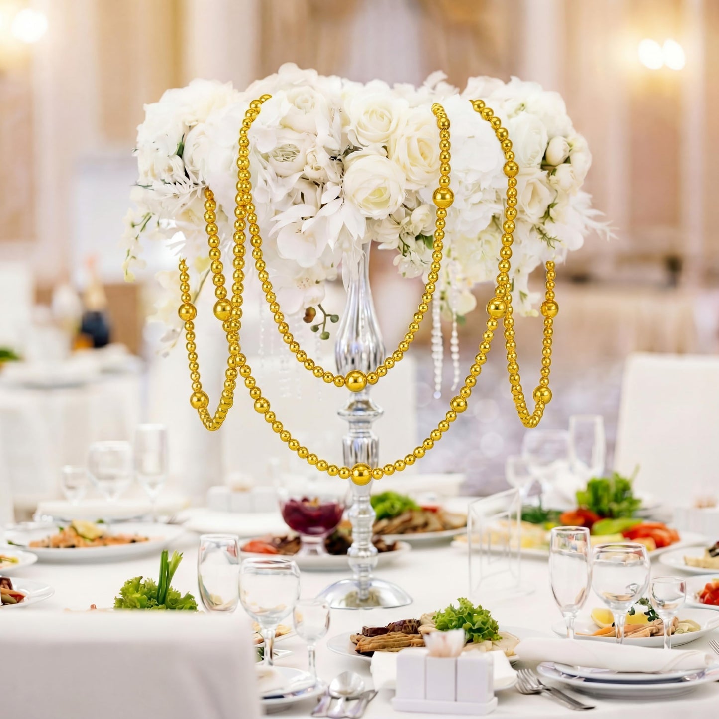 Yalikop 11.8 ft Gold Faux Pearl Beads Garland for Wedding Pearl Garland Strand Chain Wedding Decoration for Floral Centerpieces Bridesmaid Party Favor Mantel Fireplace Stairs