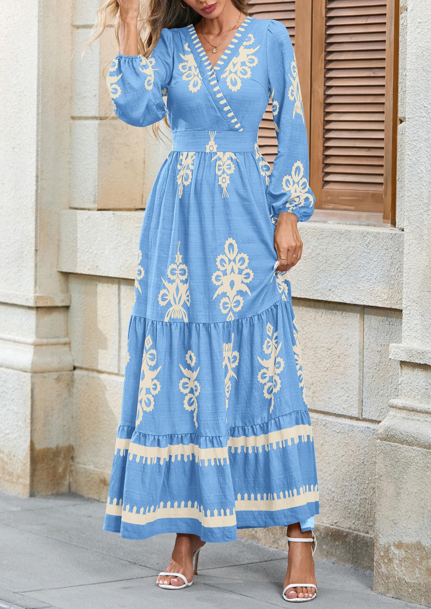 PRETTYGARDEN Women's 2025 Fall Wedding Guest Dresses Boho Floral Long Sleeve V Neck Flowy Elegant Maxi Dress Beach Clothes