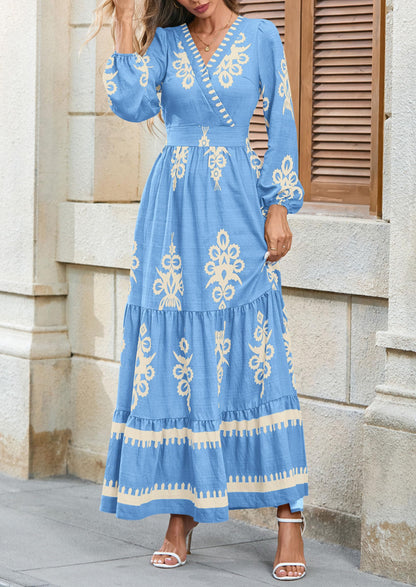 PRETTYGARDEN Women's 2025 Fall Wedding Guest Dresses Boho Floral Long Sleeve V Neck Flowy Elegant Maxi Dress Beach Clothes