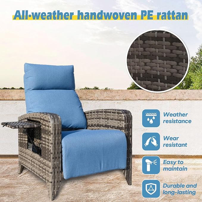 Upgraded Outdoor Recliner Chair, Reclining Patio Chairs with Adjustable Back up to 150°Lay Flat and Extended Footrest, Wicker Recliner Chairs with Flip Table and Removable Olefin Cushion