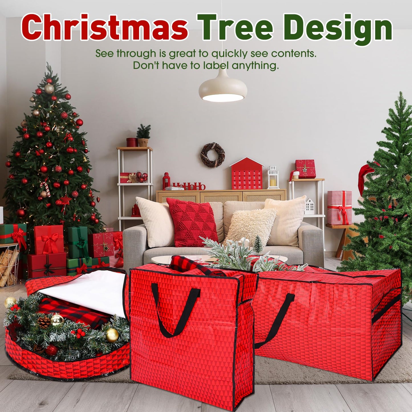Simgoing 5 Pack Christmas Storage Bags Red, 7.5 ft Christmas Tree Large Bag, 24" Wreath Containers and 25" Garland Packing Tote Moving Bags with Handle Zipper for Artificial Xmas Tree Wreath Garland