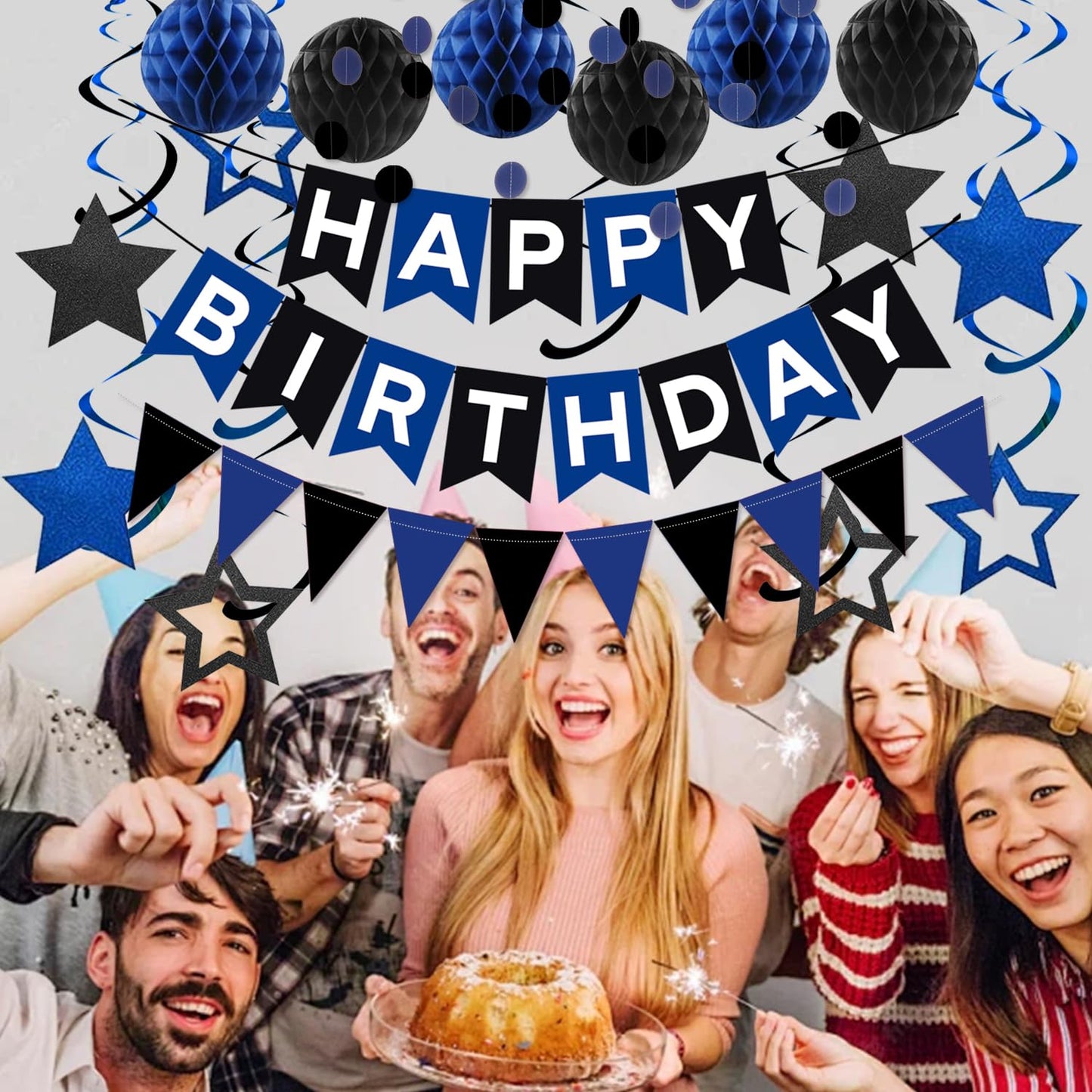 Black Blue Birthday Decorations, Black & Blue Happy Birthday Banner Honeycomb Balls Circle Garland Triangle Banner Stars Hanging Swirl Decoration Kit for HBD‌ Party Decorations