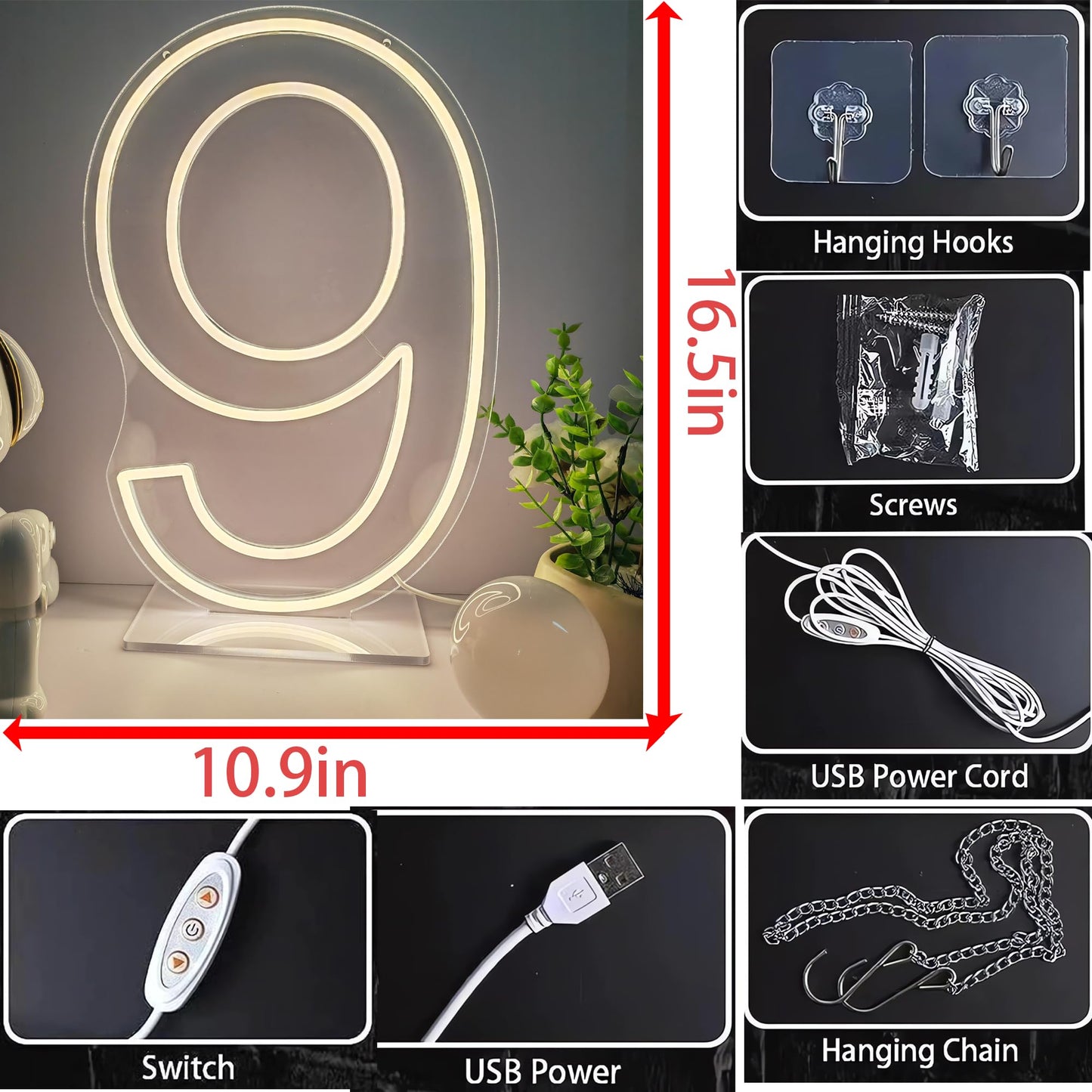 Neon Signs Number 9 Birthdays Decor Neon Lights Party USB Plus Battery Case Light up your baby's birthday with our Neon Number Nine Sign (Number 9-Warm White)