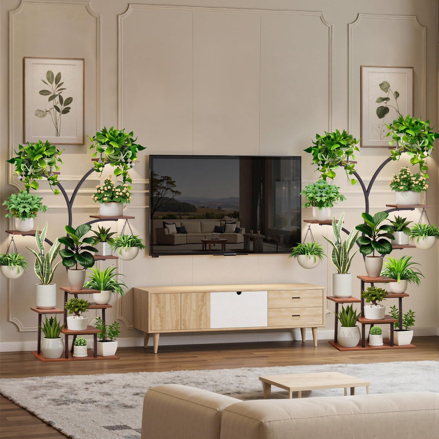 VECELO Plant Stand with LED Light, 10-Tier Indoor Plant Shelf with Supplemental Lighting, Metal Frame & Wood Shelves with Hanging Hooks, Space-Saving Plant Rack for Living Room or Corner Display