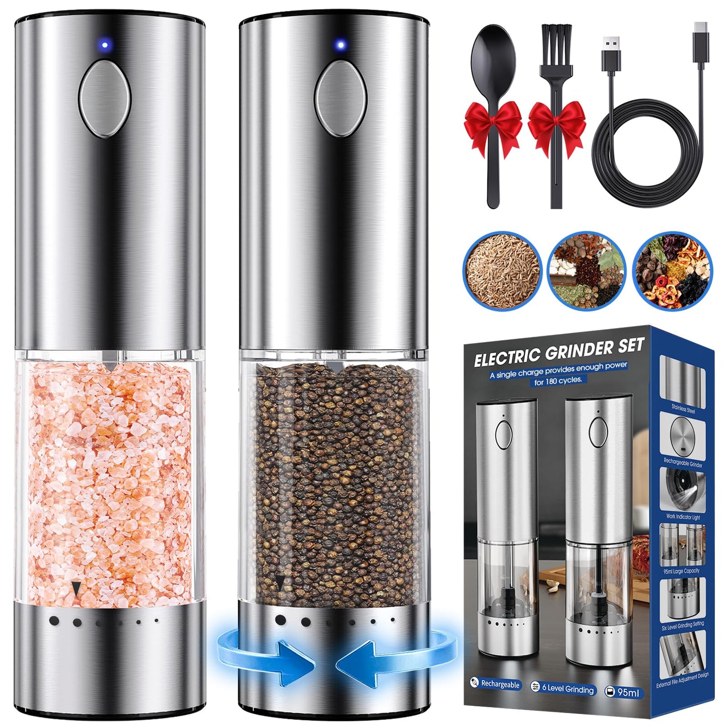 HomeHacks Upgraded Larger Capacity Electric Salt and Pepper Grinder Set, Rechargeable Type-C with LED Light, Stainless Steel Automatic & 6 Adjustable Coarseness, Ideal as Mothers Day Gifts