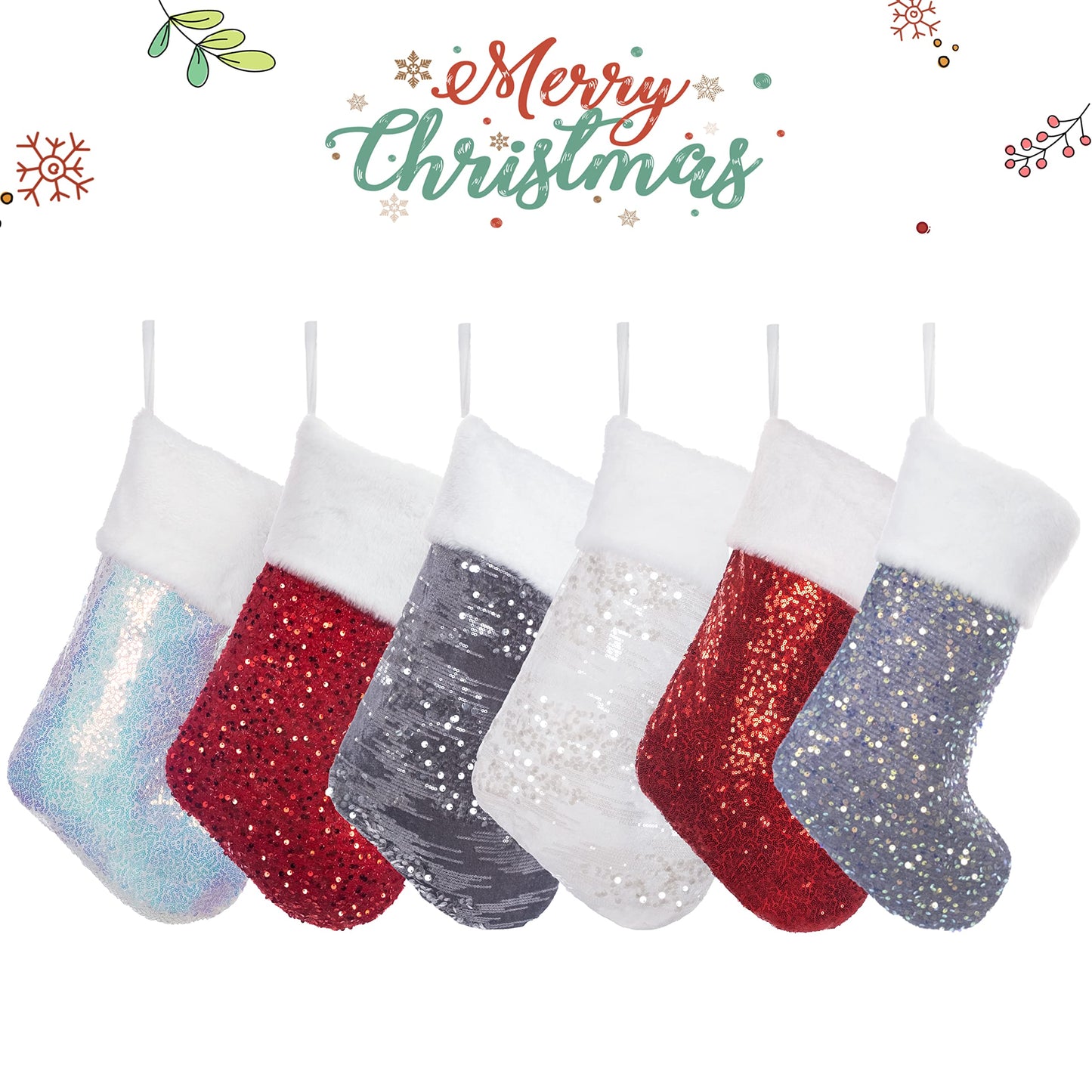 BHD BEAUTY Christmas Stockings 6 Pack for Family 20 inches Red/White/Grey Sequin Sparkle Glitter with Large Plush Cuff Classic Fireplace Tree Decorations Hanging Ornament for Xmas Season Party Decor