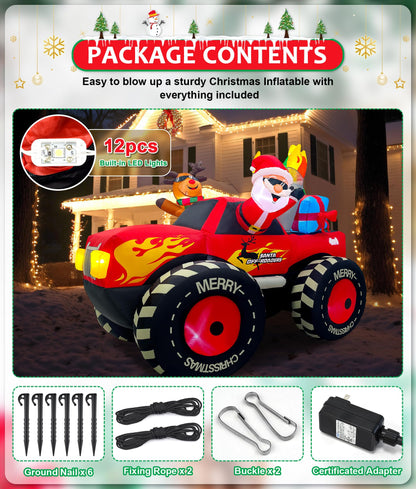 EAONE 7FT Christmas Inflatable Outdoor Decoration, Inflatable Santa Claus & Reindeer on Monster Truck, Blow Up Yard Decorations LED Lighted for Yard, Garden, Lawn, Home Xmas Holiday Decor