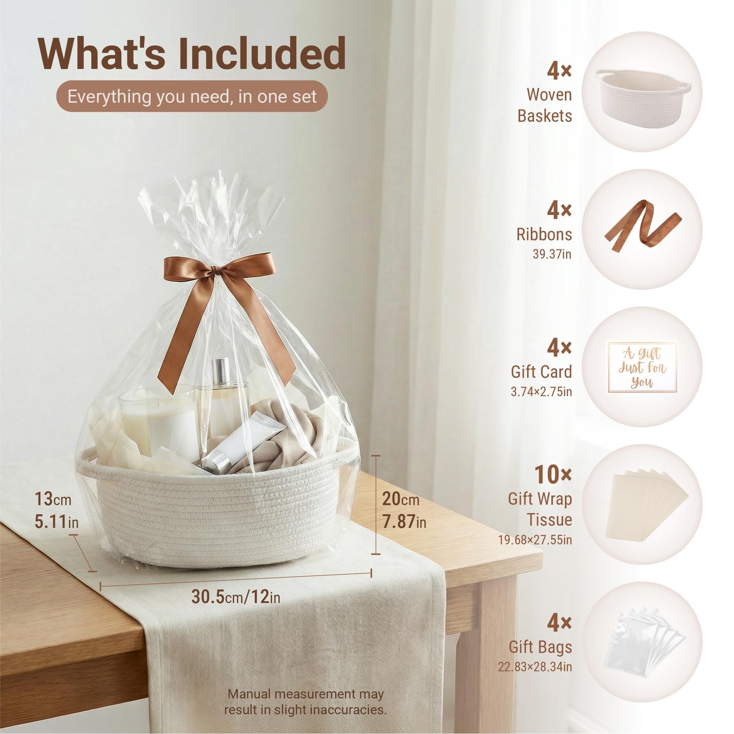 VIRETH HAUS 4 Pack Small Woven Baskets with Gift Bags, Ribbons, Wrap Tissue Papers – Gift Baskets Empty to Fill for Valentines, Baby Shower, Easter, Christmas Day, Decorative Storage Bins for Toys