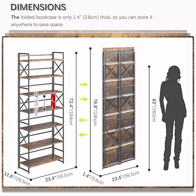 4NM 7 Tiers No Assembly Book Shelves, 72.4" H Folding Bookshelf Bookcase Open