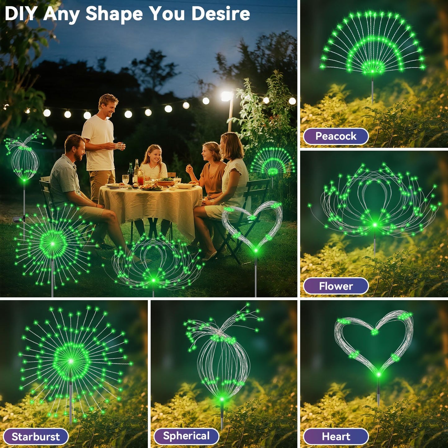 Garden Outdoor Lights, 2 Pack 120 LED Solar Garden Lights Fairy Lights Outdoor Waterproof Decorative Solar Firework Lights for Yard Patio Pathway Flowerbed Party Wedding Decor, Green