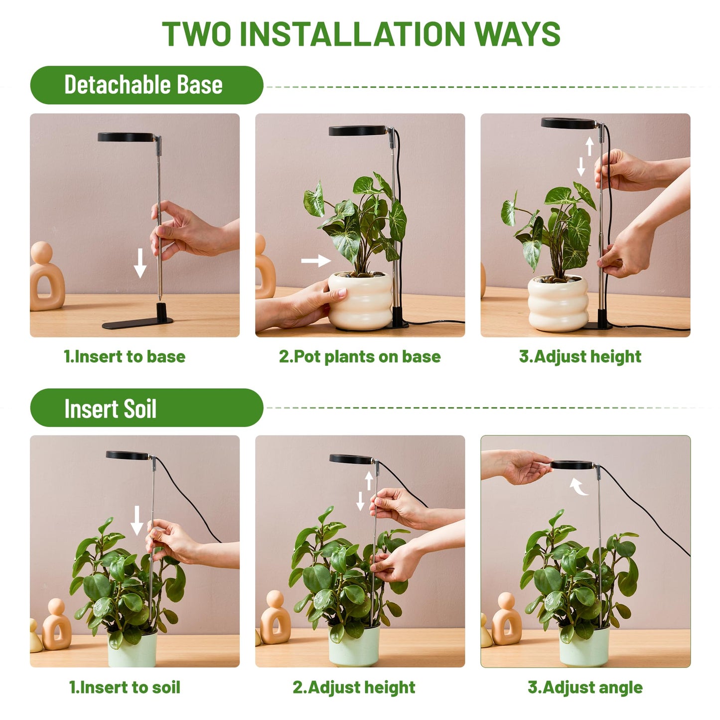 LBW Grow Light for Indoor Plants, Full Spectrum Halo Plant Grow Light with Base, Height Adjustable Plant Lamp with Auto Timer 6/8/12/16H, 3 Color,5 Dimmable Level, for Small Plants, Black, 2 Packs