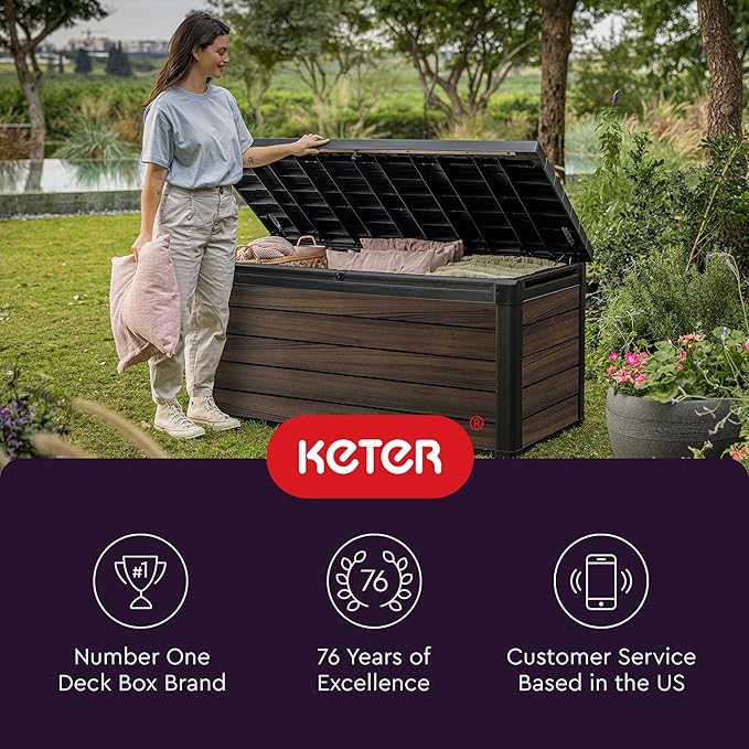 Keter Signature Collection 150 Gallon Resin Deck Box Organization and Storage for Patio Outdoor Cushions, Throw Pillows, Garden Tools and Pool Supplies, Rosewood