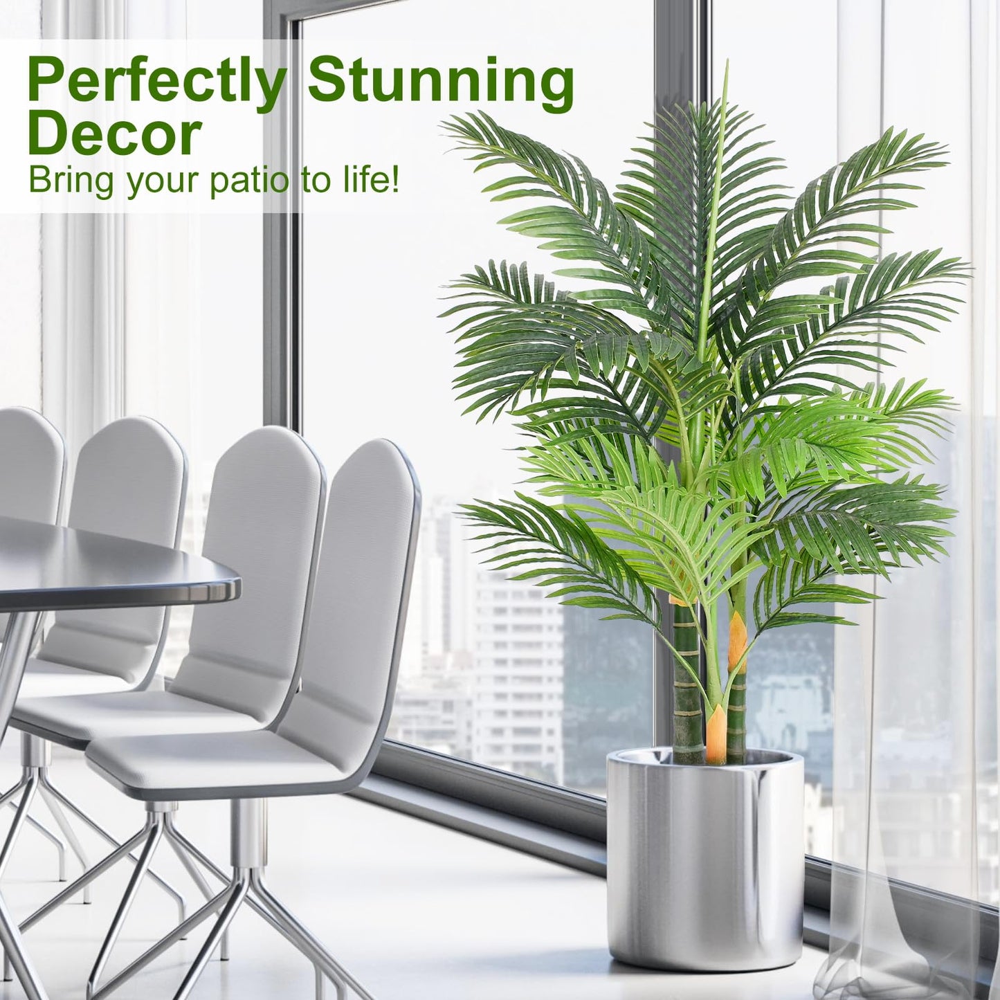 Keeplush 4ft Tall Triple Golden Cane Palm Artificial Tree Large Tropical Palm Tree UV Resistant Fake Plant in Pot for Indoor Outdoor Big House Living Room Outside Patio Office Home Decor 1Pack