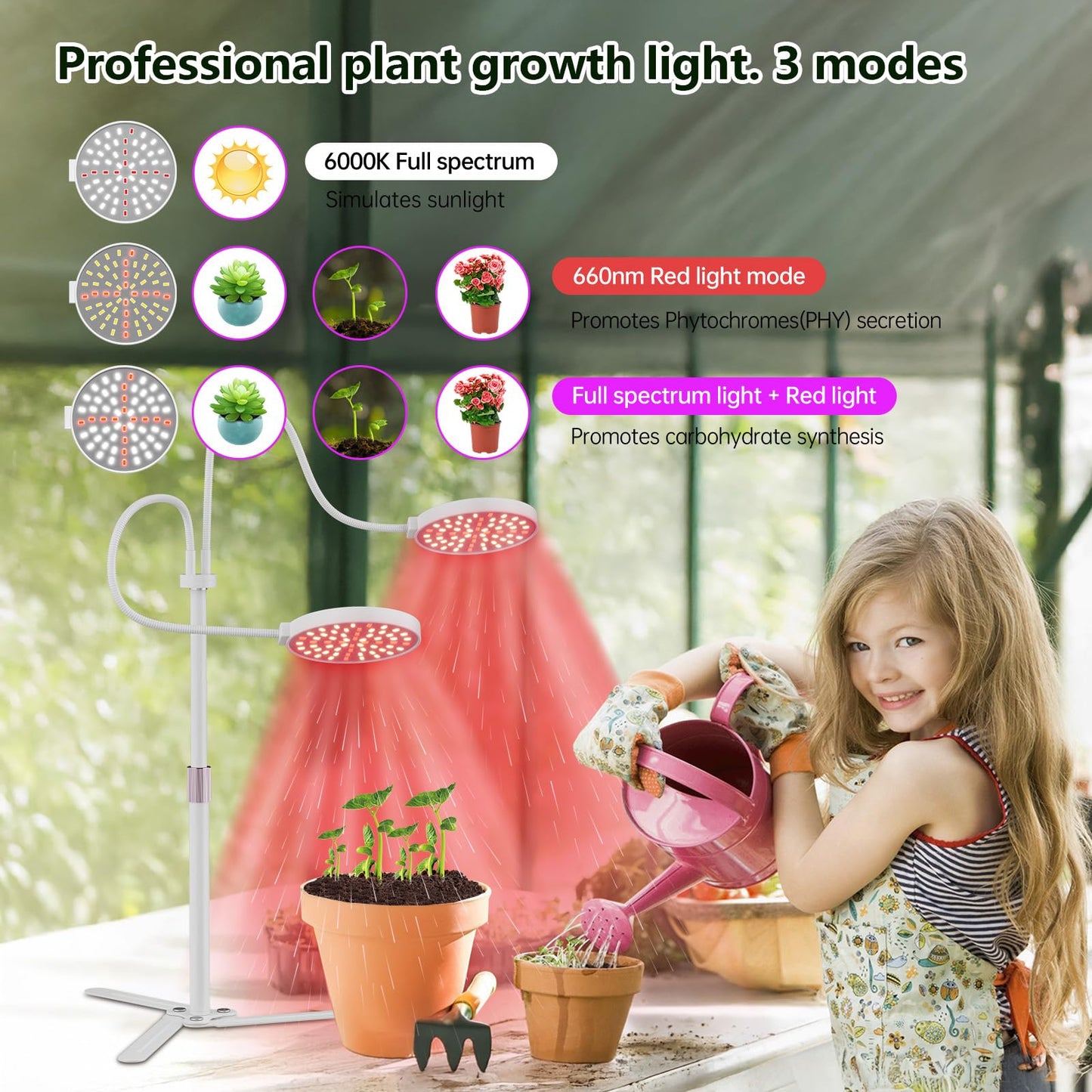 BeModel Super-Energy Tabletop LED Grow Lights 9.8"-32"Height Adjustable for Indoor Small/Medium Plants 6000K Full Spectrum with 3 Dimmable Model, Auto On Off Timing 3 9 12Hrs, 5 Brightness(Puck White)