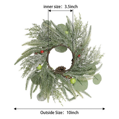 Christmas Candle Rings Wreaths,Snowy Norfolk Pine Garland Red Green Berry Eucalyptus Leaves Pinecones Wreaths,Pillar Candle Rings for Home Christmas Table Centerpiece Decorations
