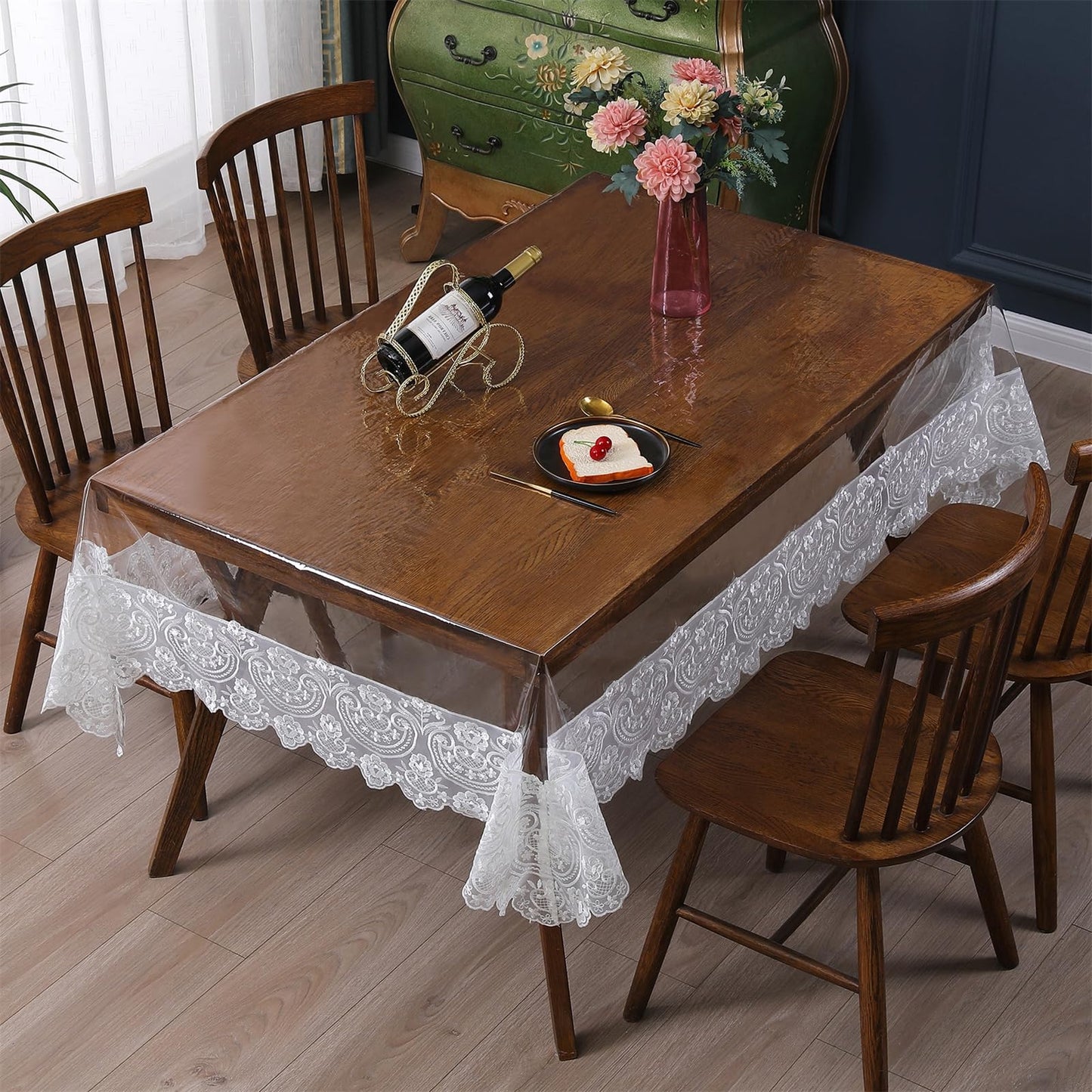 Rakila Clear Plastic Rectangle Tablecloth Vinyl Waterproof Table Cloth Embroidered Lace Edge Transparent Table Cover for Dining Kitchen Outdoor(60 x 106 inch, White)