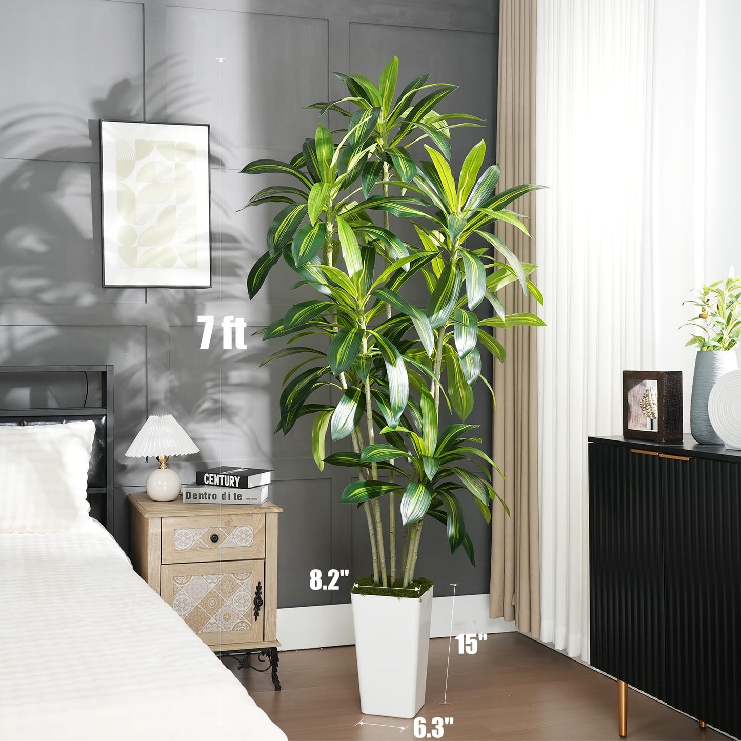 ZEEOZE Dracaena Plant Artificial Tree 7Ft Tall Fake Tropical Floor Plants Potted (Real Touch) Artificial Silk Tree Leaf Faux Trees White Tall Planter for Home Office Living Room Indoor Outdoor Decor