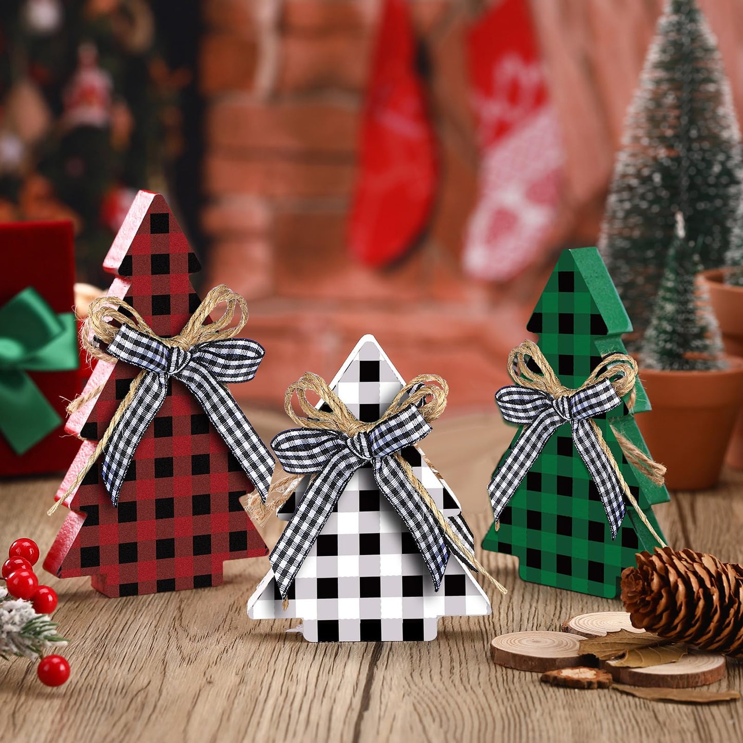 Yookeer Christmas Decor 3 Pieces Wood Table Rustic Christmas Tree Farmhouse Wooden Xmas Centerpiece for Small Table Xmas Trees Red Green Tiered Tray Party Decoration(Buffalo Plaid Style)