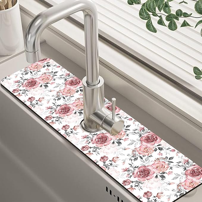 Pink Rose Floral Kitchen Sink Splash Guard Mat Absorbent Fast Drying Mat Faucet