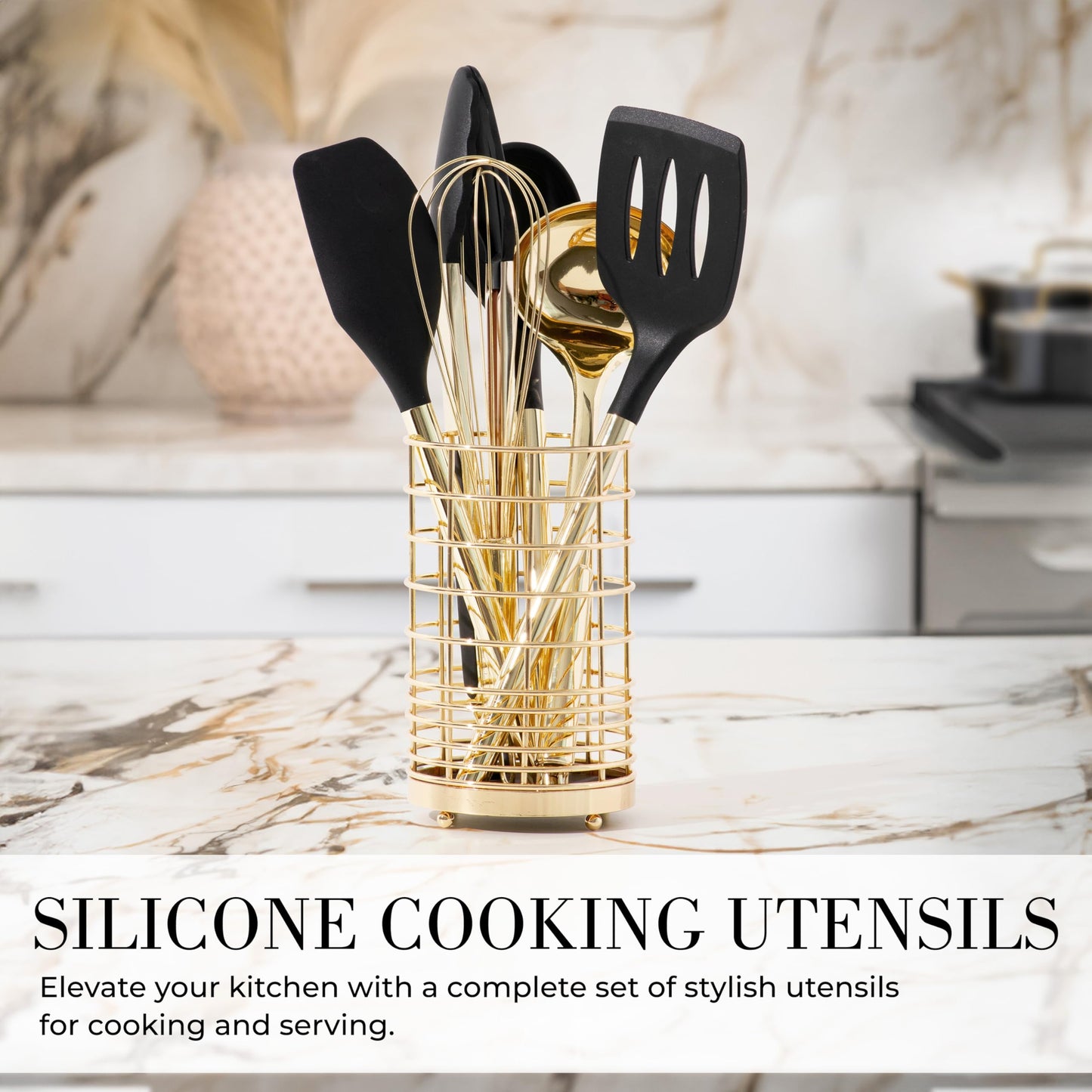 White & Gold Cooking Utensils Set - Luxe 8-Piece Kitchen Gadget Set Includes Can Opener, Tongs and Garlic Press - Stylish White and Gold Kitchen Accessories for Modern Kitchens, Ideal for Gifting